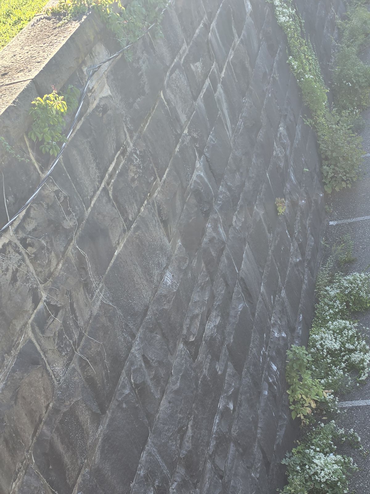 A retaining wall of giant stones laid in a diamond pattern, weeds growing from the seams.